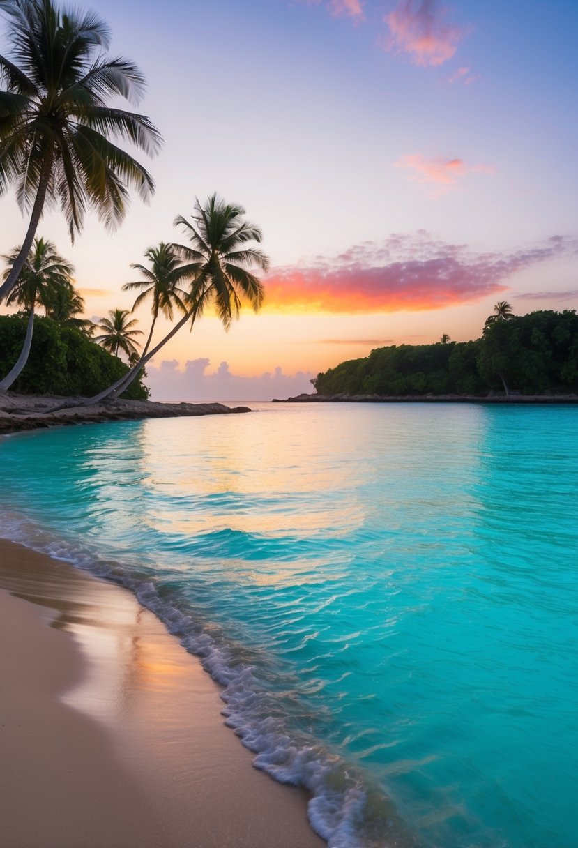 A serene beach with crystal-clear turquoise water, palm trees swaying in the gentle breeze, and a colorful sunset painting the sky over the horizon