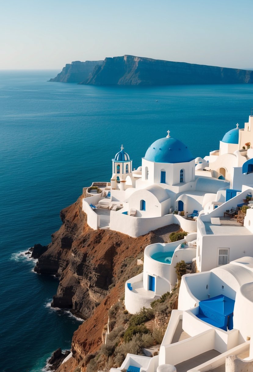 A white-washed villa perched on a cliff overlooking the turquoise Aegean Sea with a backdrop of the iconic blue domes of Santorini