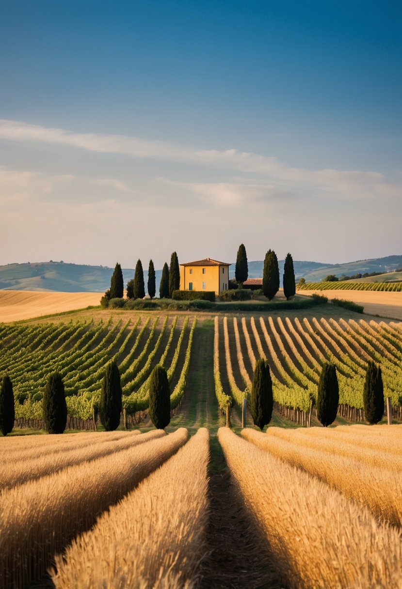 Rolling hills of golden wheat fields under a clear blue sky, dotted with cypress trees and vineyards, leading to a charming Tuscan villa