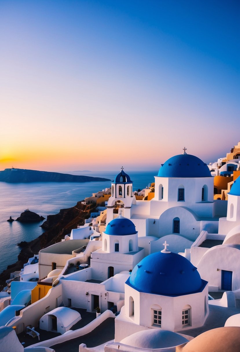 A stunning sunset over the iconic white-washed buildings and blue domes of Santorini, with the crystal-clear waters of the Aegean Sea in the background