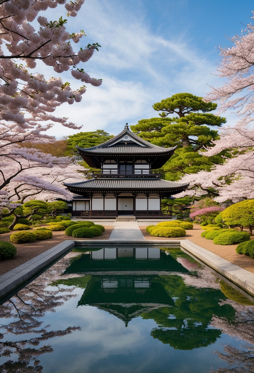 A serene garden with traditional Japanese architecture, surrounded by cherry blossom trees and a tranquil pond in Kyoto, Japan
