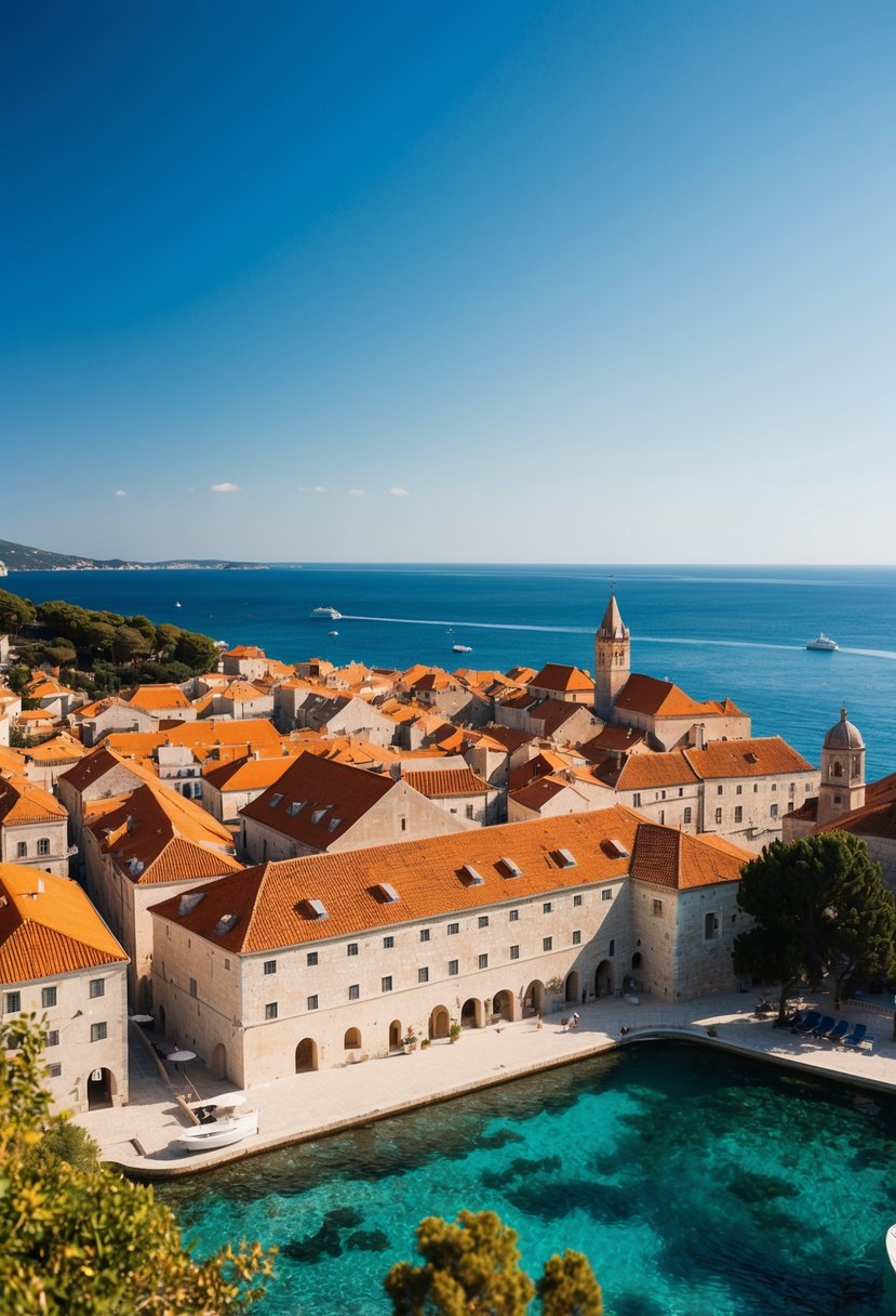 A picturesque view of Dubrovnik's old town with terracotta roofs, surrounded by crystal-clear waters and lush greenery, under a clear blue sky in September