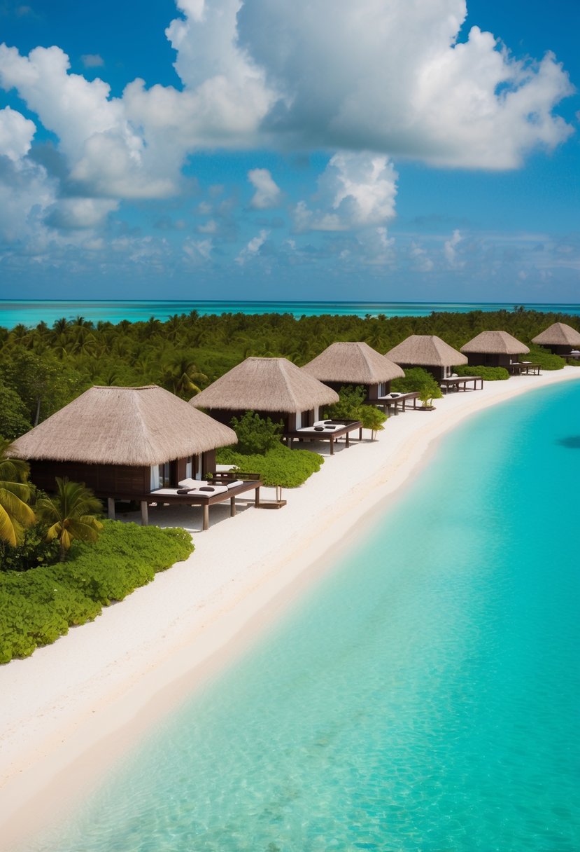 A row of overwater bungalows on stilts, nestled in crystal-clear turquoise waters, surrounded by lush greenery and a pristine white sand beach
