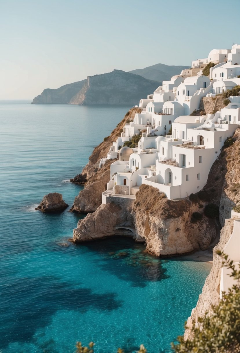A secluded bay with white buildings cascading down the cliffside, overlooking the crystal-clear waters of the Aegean Sea