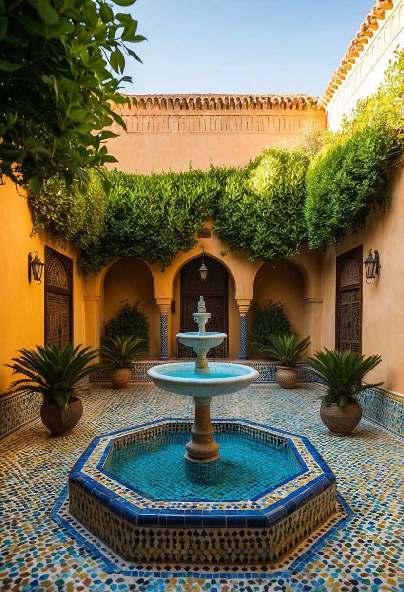 A private riad courtyard in Marrakech, with lush greenery, a tranquil fountain, and colorful mosaic tiles