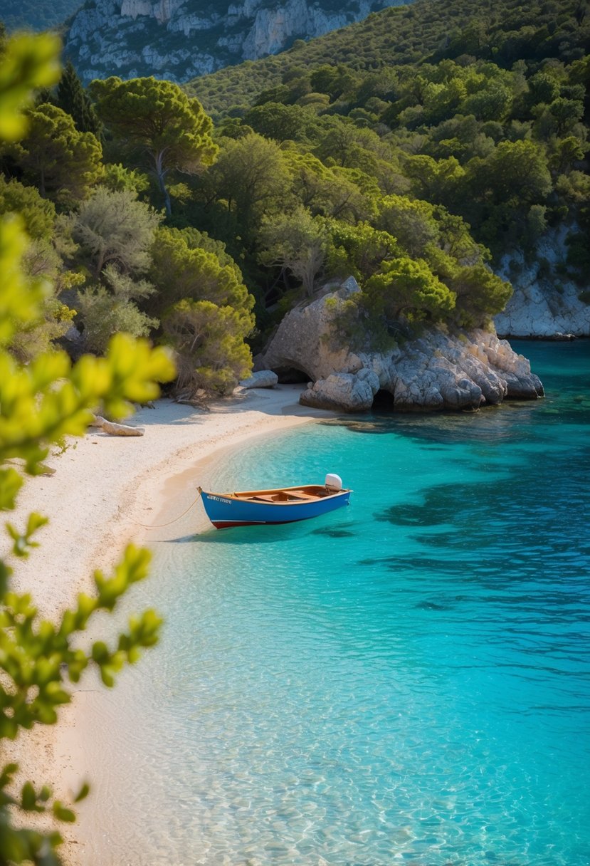 A tranquil beach cove in Hvar, Croatia, surrounded by lush greenery and crystal-clear waters, with a small boat anchored near the shore