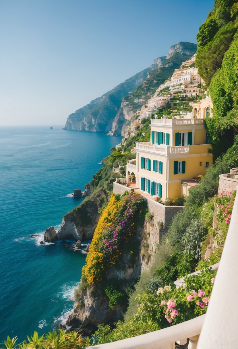 A cliffside villa overlooking the turquoise waters of the Amalfi Coast, with lush greenery and colorful flowers cascading down the steep cliffs