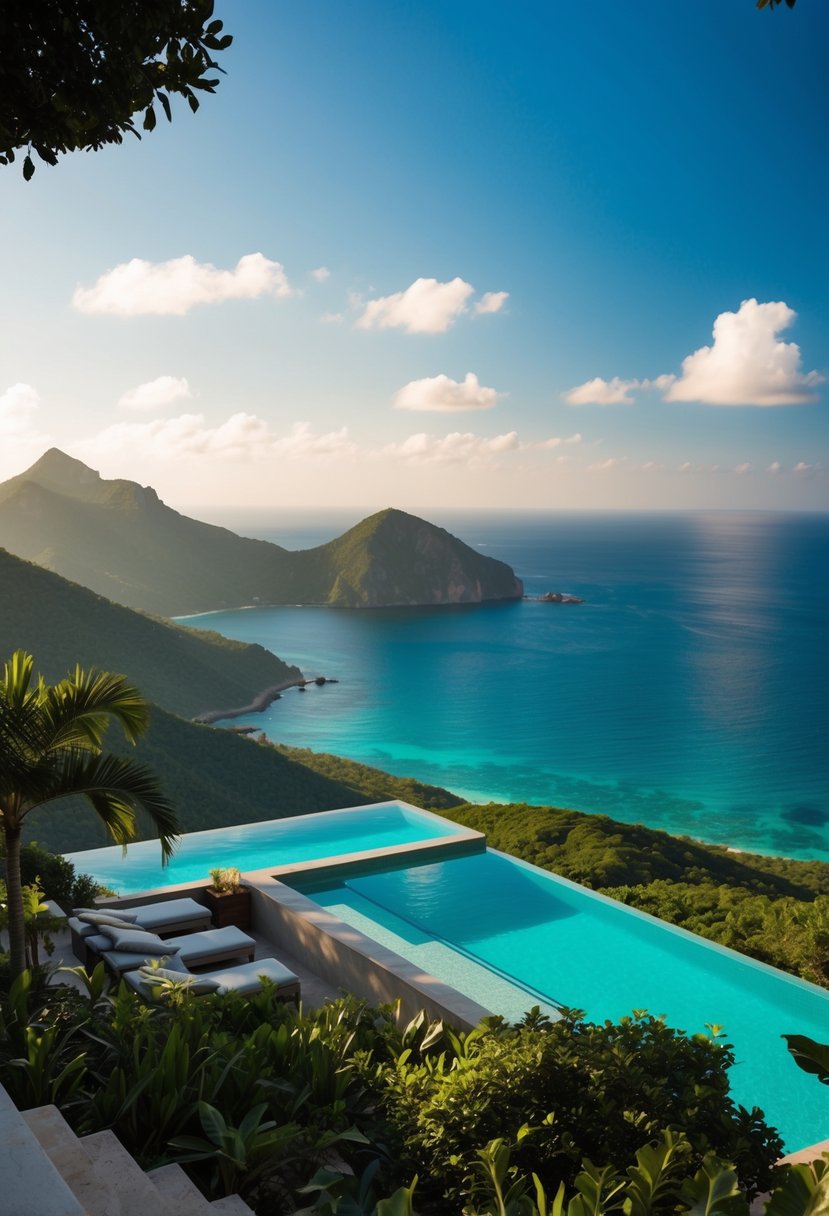 A lush, secluded mountain retreat with infinity pools overlooking the turquoise waters of the Caribbean Sea