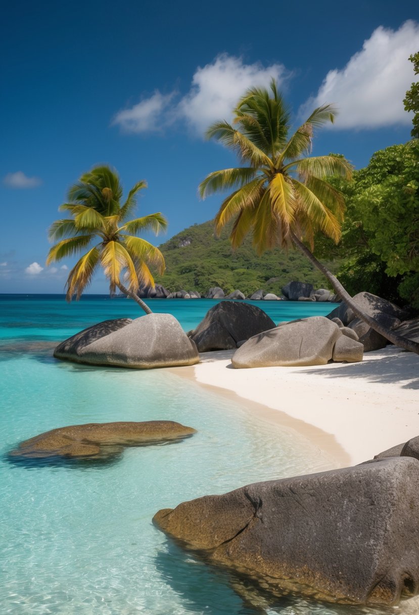 A secluded beach at Anse Source d'Argent, Seychelles. Crystal clear waters, palm trees, and granite boulders create a romantic and intimate setting for honeymooners