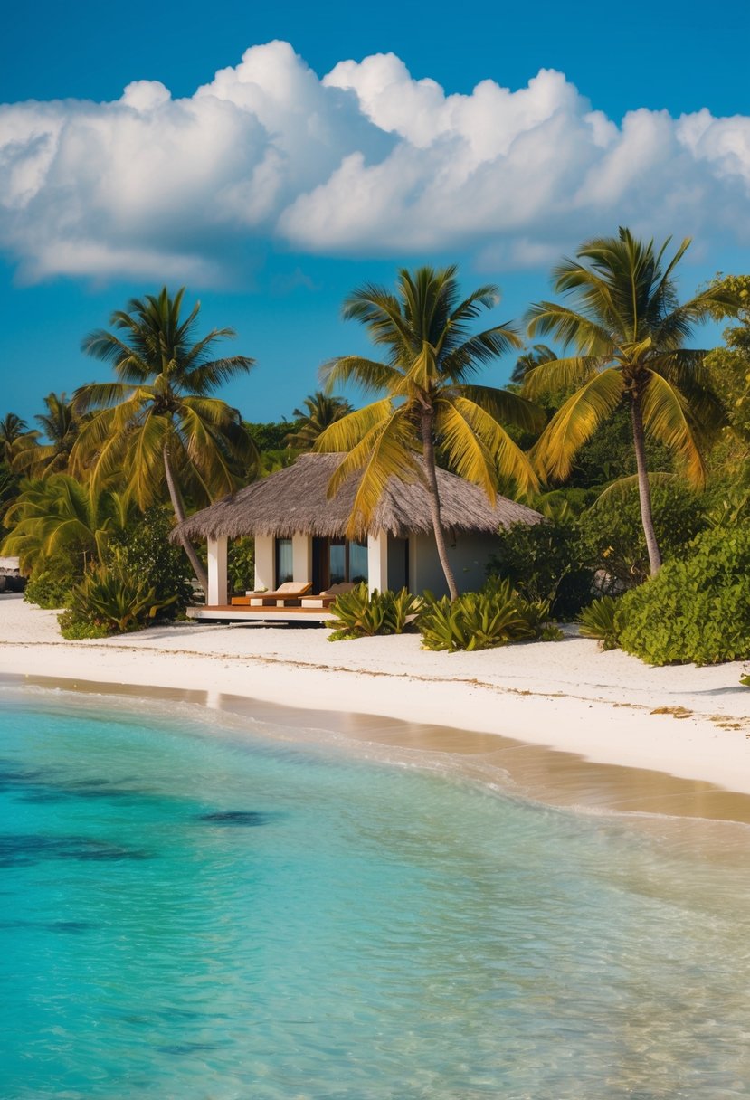 A private beach in Tulum, Mexico with crystal clear waters, palm trees, and a secluded cabana nestled among lush greenery