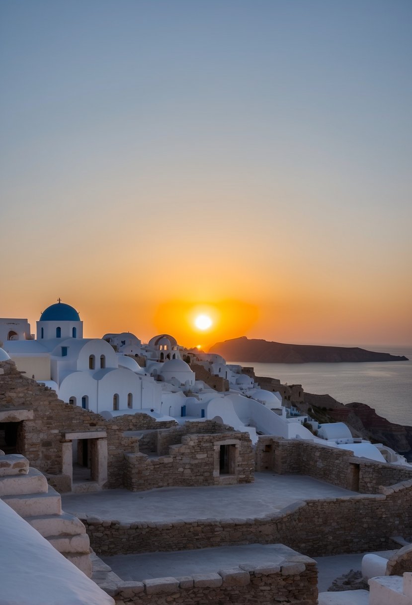 The sun sets over the ancient ruins of Akrotiri Archaeological Site in Santorini, with the iconic white buildings and blue domes in the background