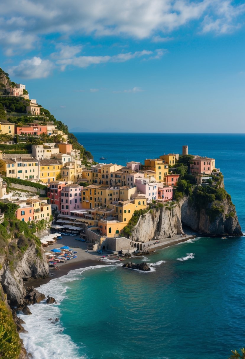 A cliffside villa overlooks the azure waters of Positano, with colorful buildings cascading down to the beach. Rocky cliffs and lush greenery frame the idyllic scene
