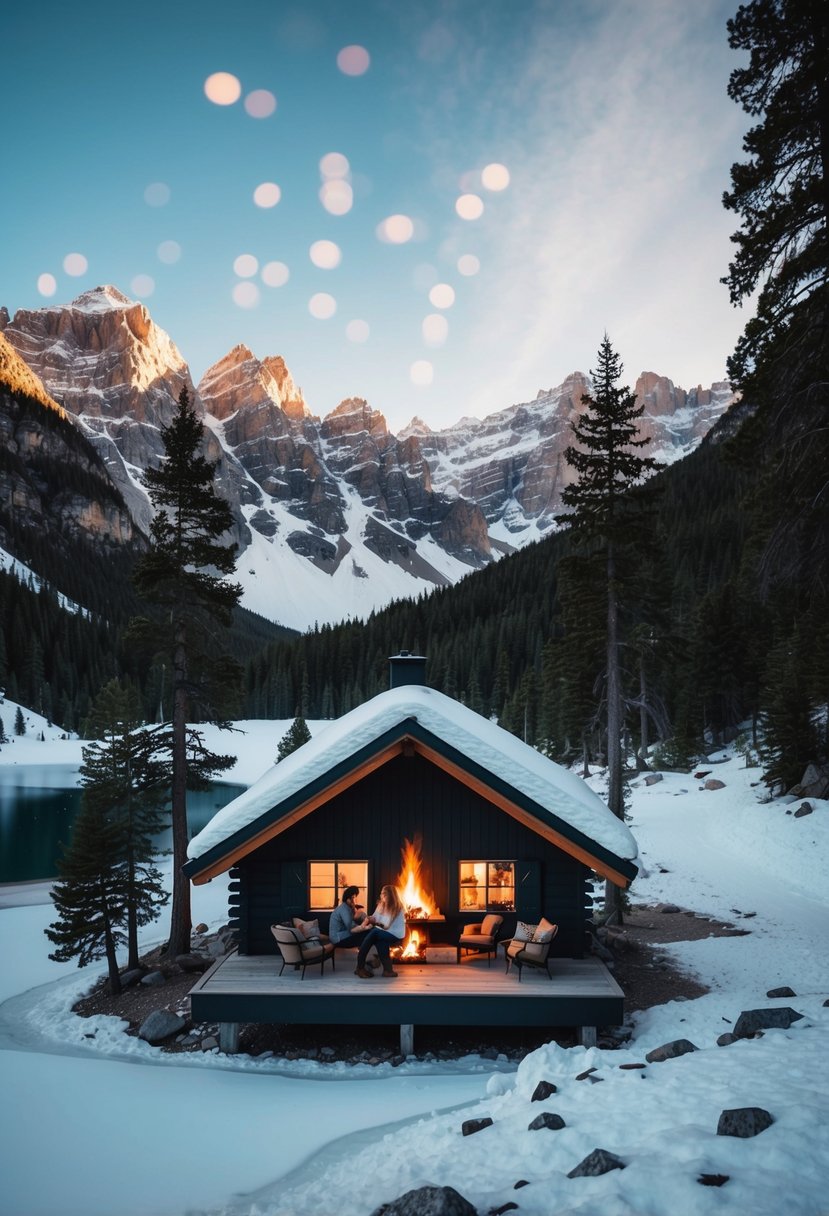 A cozy cabin nestled in a snowy mountain valley, surrounded by pine trees and a frozen lake, with a couple enjoying a hot drink by the fireplace