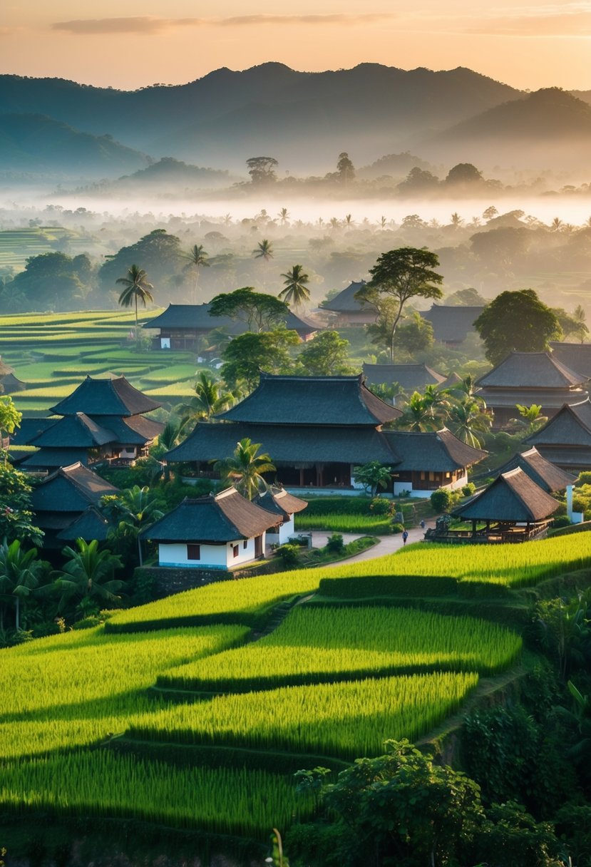 A tranquil village nestled in lush greenery, with traditional Balinese architecture and serene rice terraces