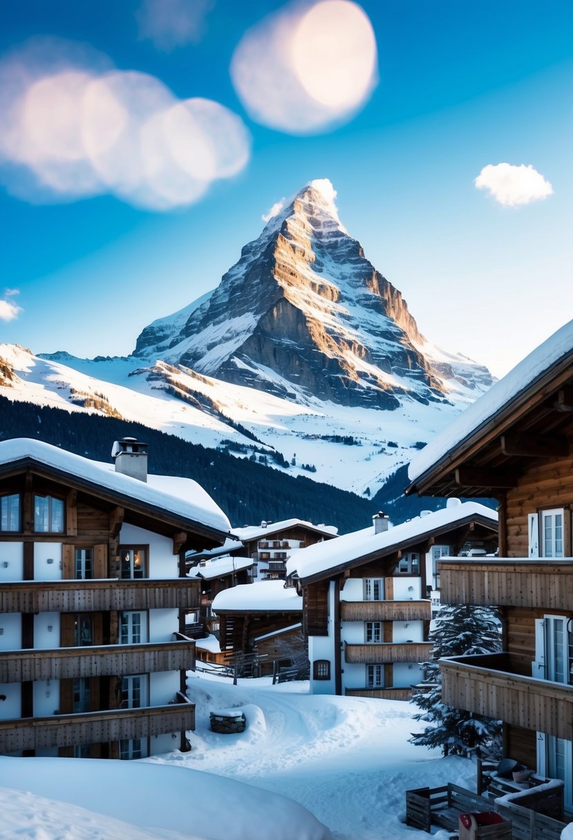 Snow-covered chalets nestled in the Swiss Alps, with the iconic Matterhorn towering in the background