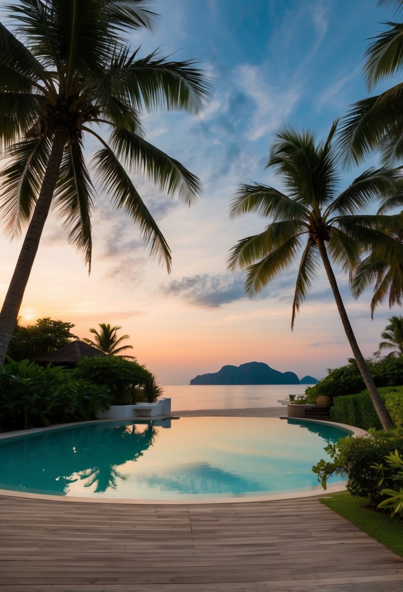 A tranquil beach at sunset, with palm trees and a private villa nestled in the lush greenery of Phuket, Thailand