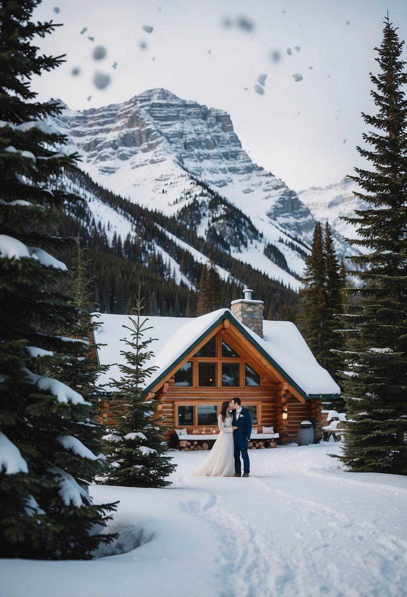 Snow-covered mountains and evergreen trees surround a cozy log cabin in Banff, Canada. A couple enjoys a romantic honeymoon getaway, with snowflakes gently falling around them