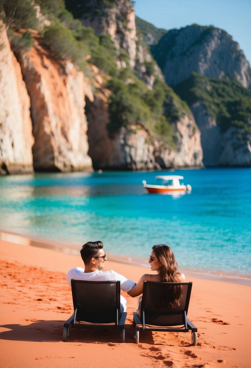 A couple lounges on a secluded red sand beach, surrounded by towering cliffs and crystal-clear blue waters. A small boat bobs in the distance, adding to the tranquil scene