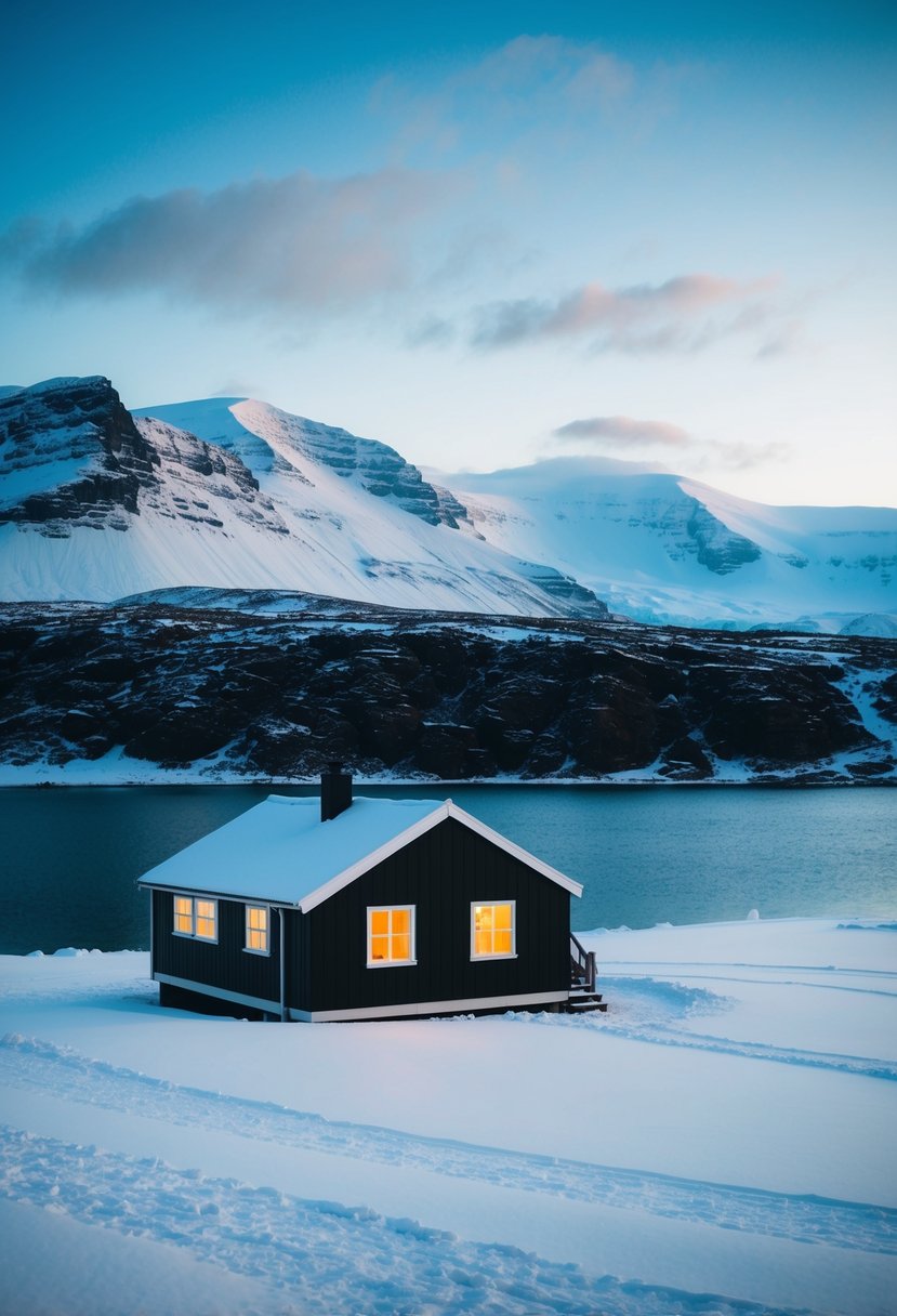 A cozy cabin nestled in a snowy landscape with a backdrop of rugged mountains and a serene, icy-blue lake in Reykjavik, Iceland