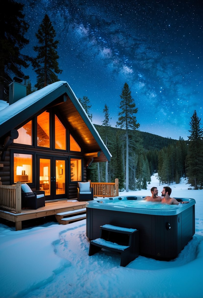A cozy cabin nestled in a snowy Aspen forest, with a couple enjoying a hot tub under the stars