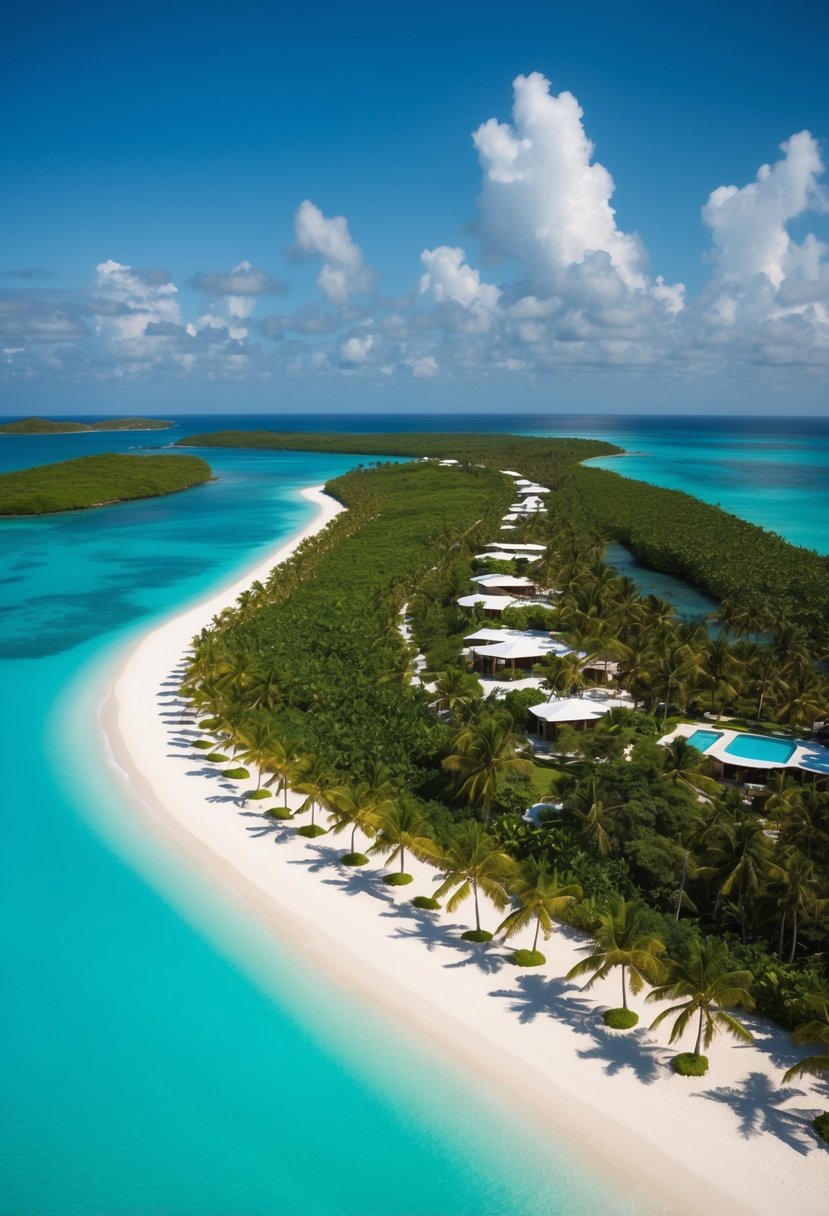 Turquoise waters surround lush, palm-fringed islands. White sand beaches stretch along the coast, with luxurious resorts nestled among the tropical foliage