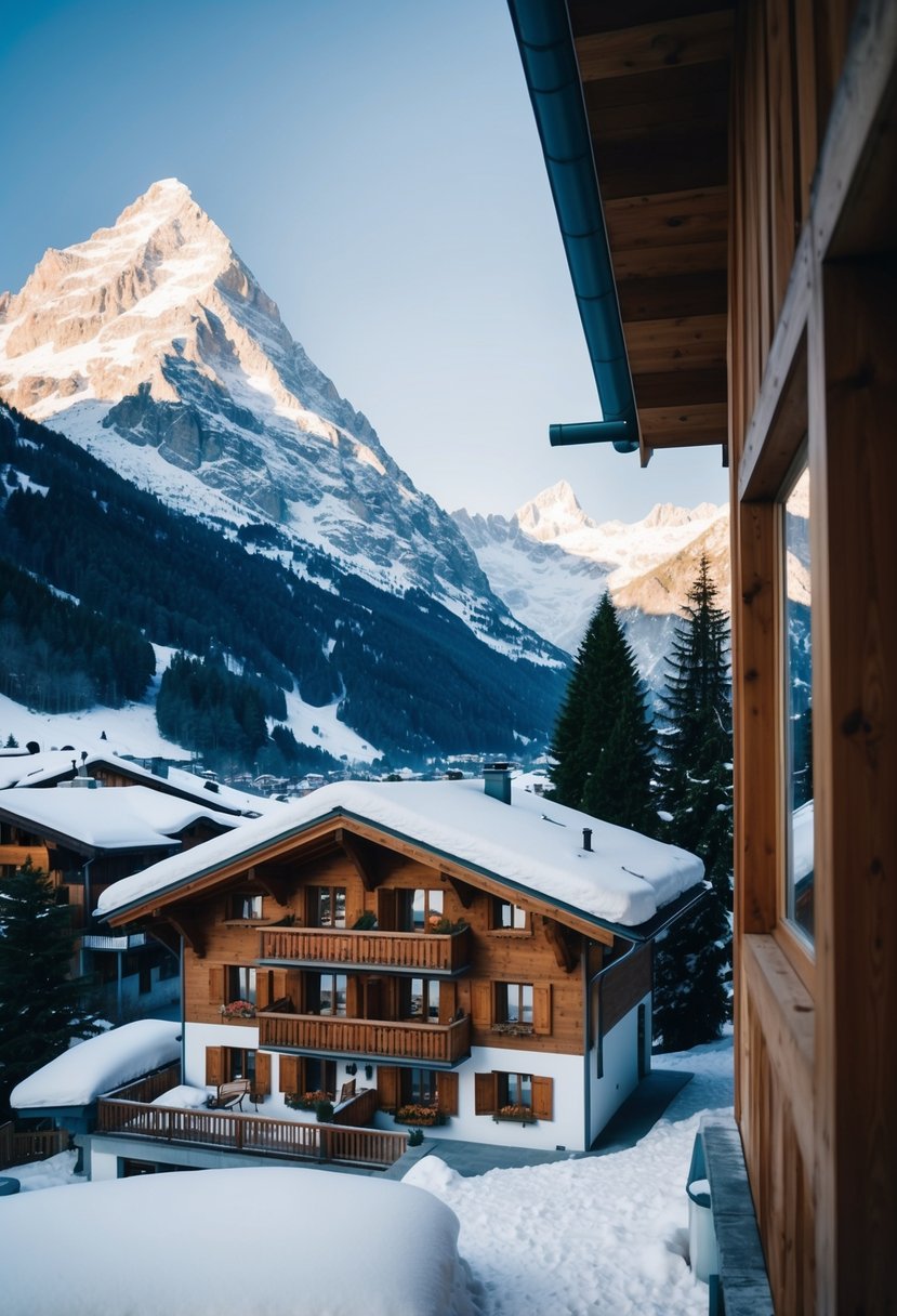 A cozy chalet nestled in the snow-covered mountains of Chamonix, with a clear view of the majestic Mont Blanc