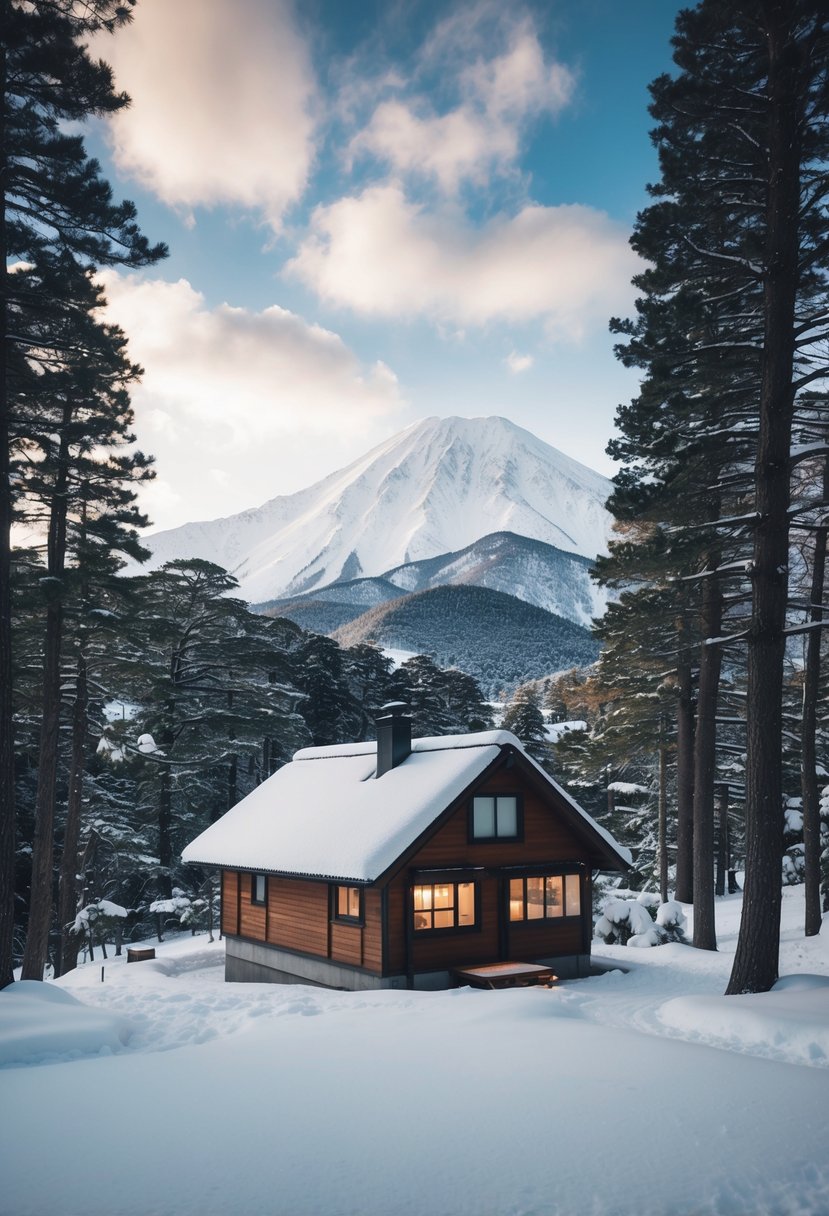 A cozy cabin nestled in a snowy forest with a view of the majestic mountains in Niseko, Japan