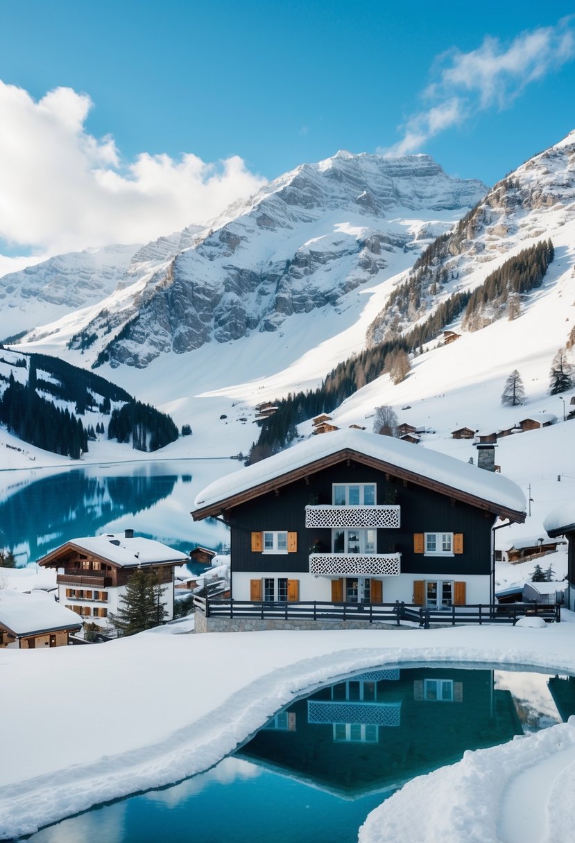 A cozy chalet nestled in a snowy mountain valley, surrounded by pristine white slopes and sparkling frozen lakes in St. Moritz, Switzerland