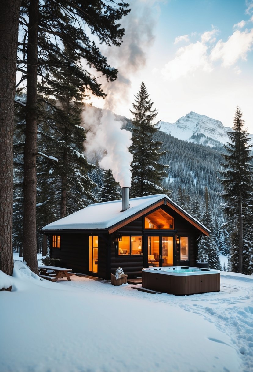 A cozy cabin nestled in a snowy forest, with a hot tub steaming in the crisp air and mountains looming in the background