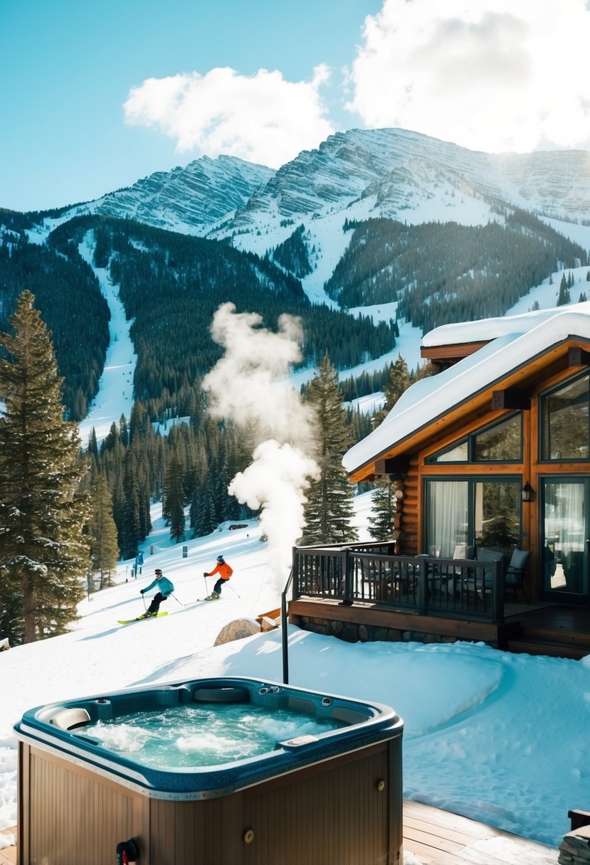 Snow-covered mountains surround a cozy cabin in Vail, Colorado. A hot tub steams in the crisp air, while skiers glide down the slopes nearby