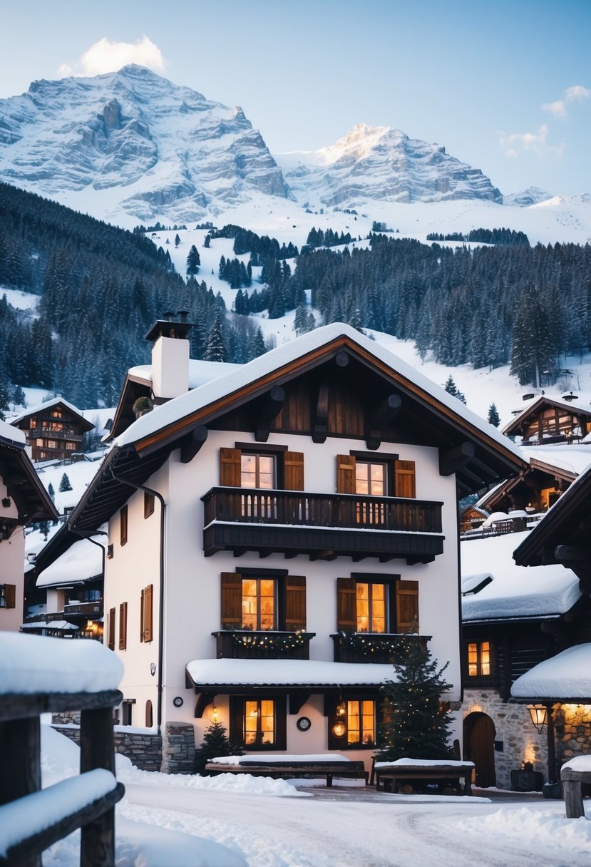 A cozy cabin nestled in a snowy alpine village, with snow-capped mountains in the background and a peaceful, winter wonderland atmosphere