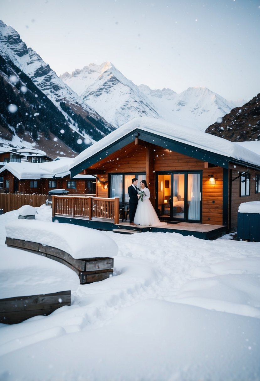 Snow-covered mountains surround a cozy cabin in Queenstown, New Zealand. A couple enjoys a romantic honeymoon getaway, with snowflakes falling gently around them