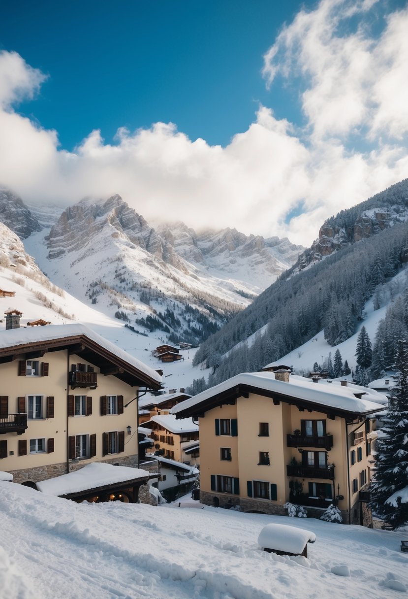 Snow-covered mountains and cozy alpine chalets in Cortina d'Ampezzo, Italy