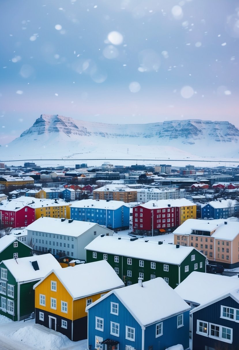 Snow-covered Reykjavik cityscape with colorful buildings, snowy mountains in the background, and a serene, wintry atmosphere