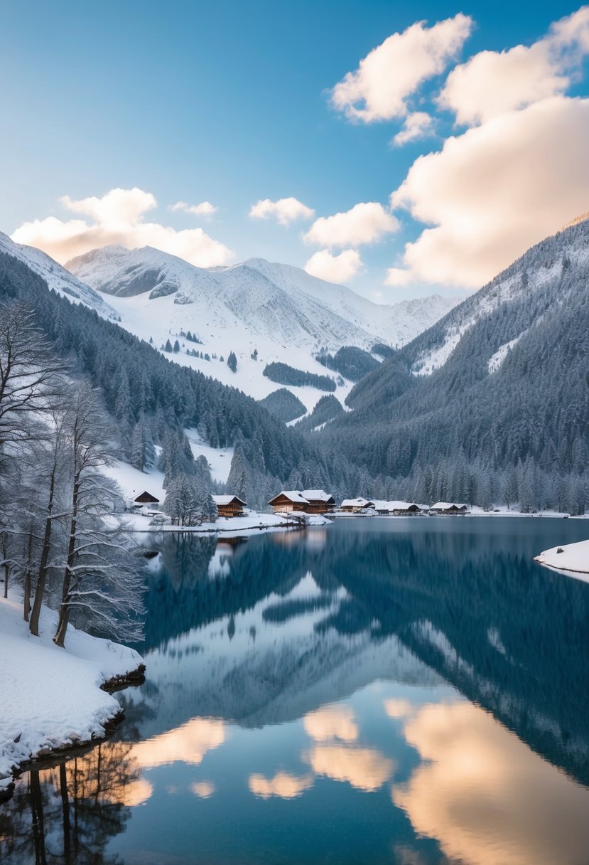 Snow-covered mountains surrounding a picturesque lake in Bled, Slovenia
