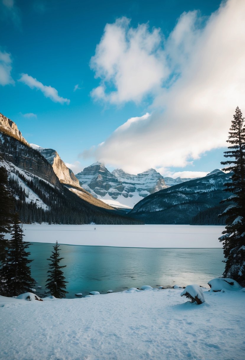 A snow-covered Lake Louise, Canada with a frozen lake, towering mountains, and evergreen trees