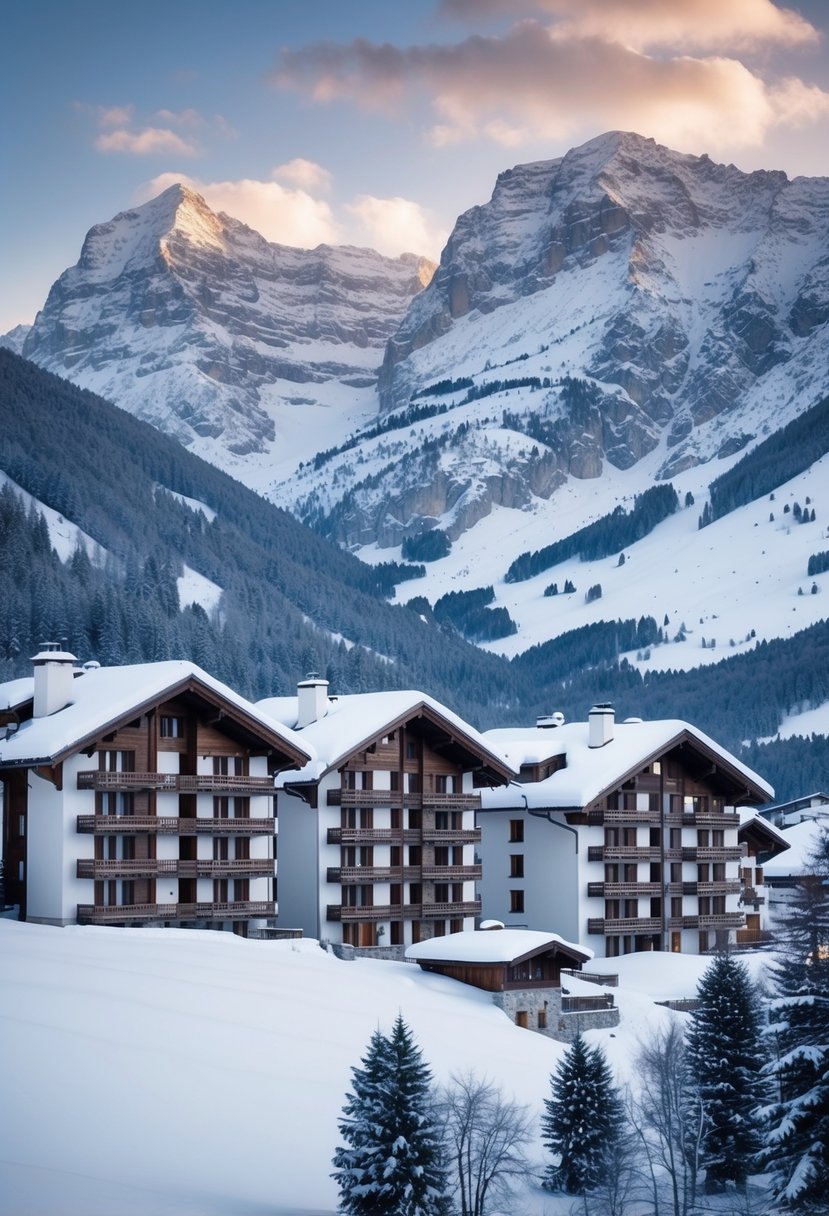 Snow-covered chalets nestled in the French Alps, with a backdrop of majestic mountains and a serene atmosphere in Val d'Isère, France