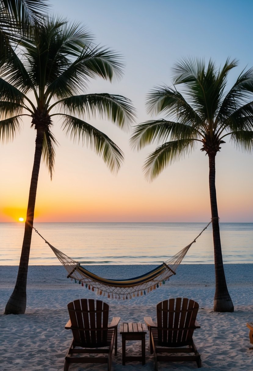 A serene beach at sunset, with palm trees, a hammock, and a couple of beach chairs overlooking the ocean