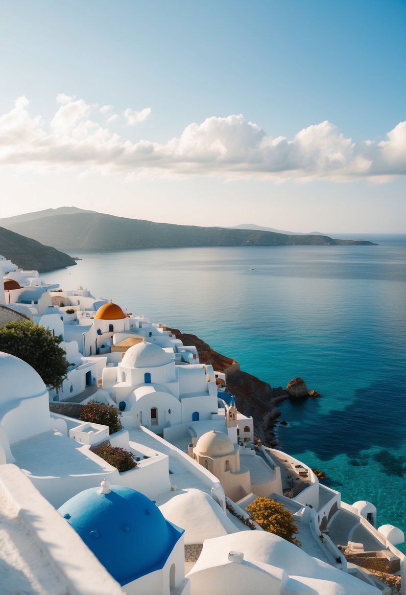 A picturesque white-washed village overlooking the crystal-clear waters of the Aegean Sea, with colorful domed roofs and narrow winding pathways