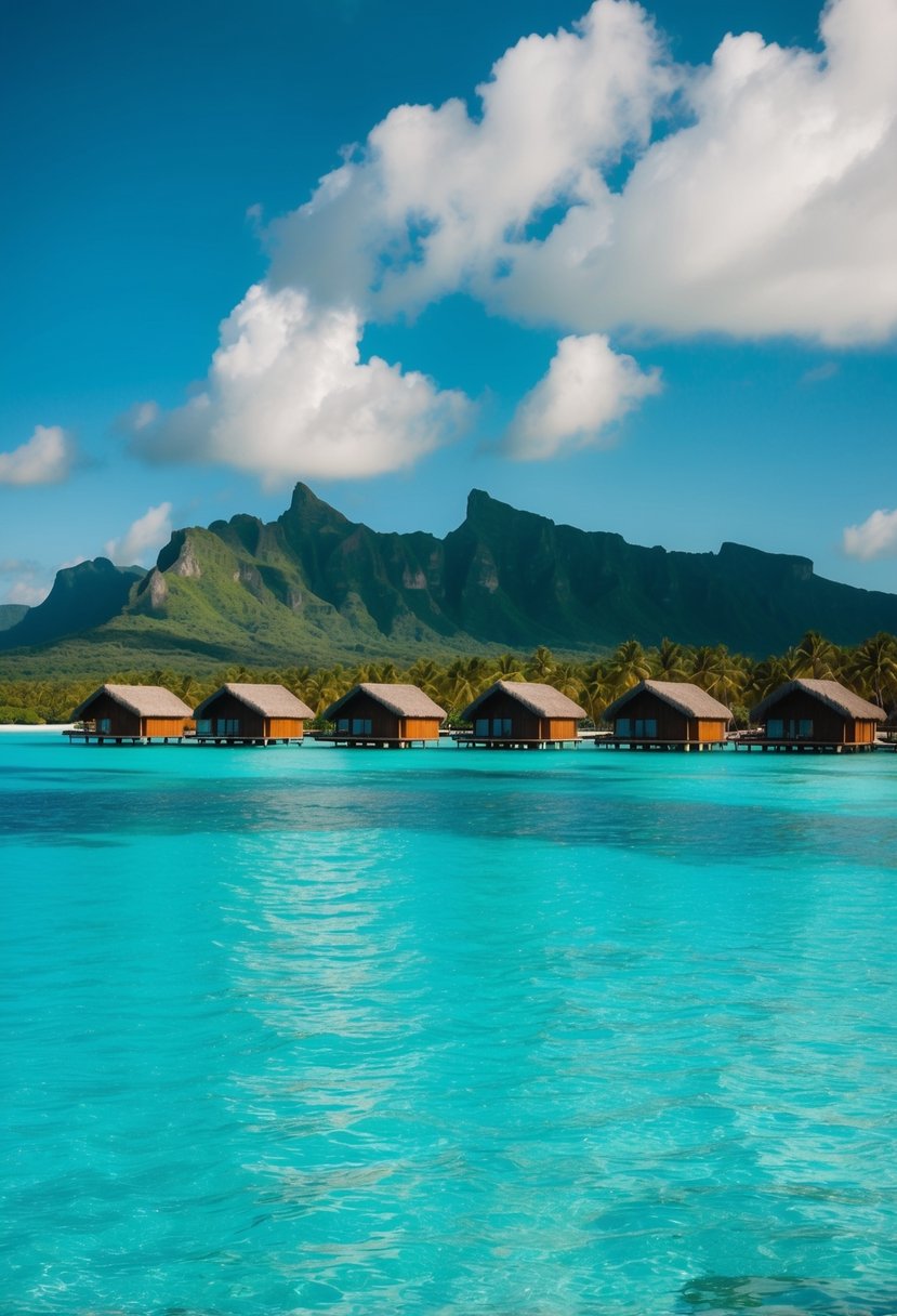 Crystal clear turquoise waters surround overwater bungalows with lush green mountains in the background at Bora Bora, French Polynesia