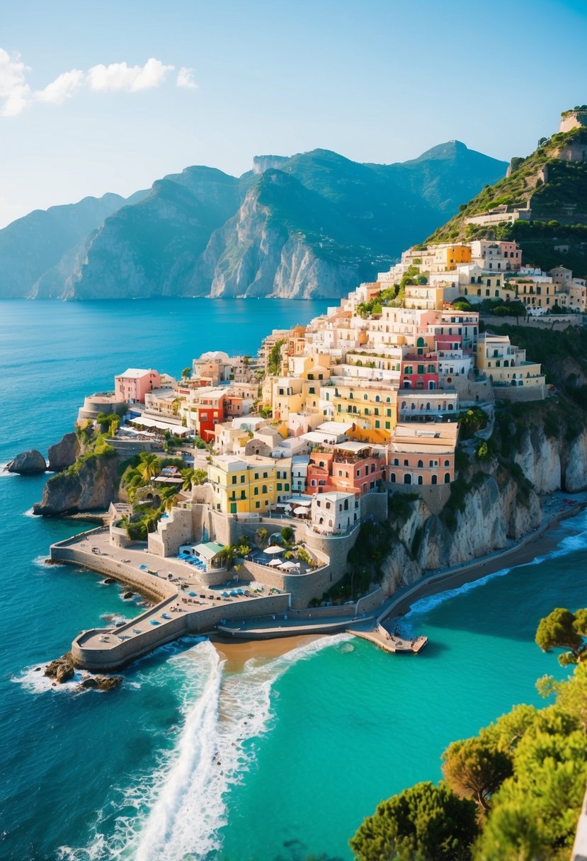 Aerial view of colorful cliffside villages, turquoise waters, and lush greenery along the Amalfi Coast, Italy
