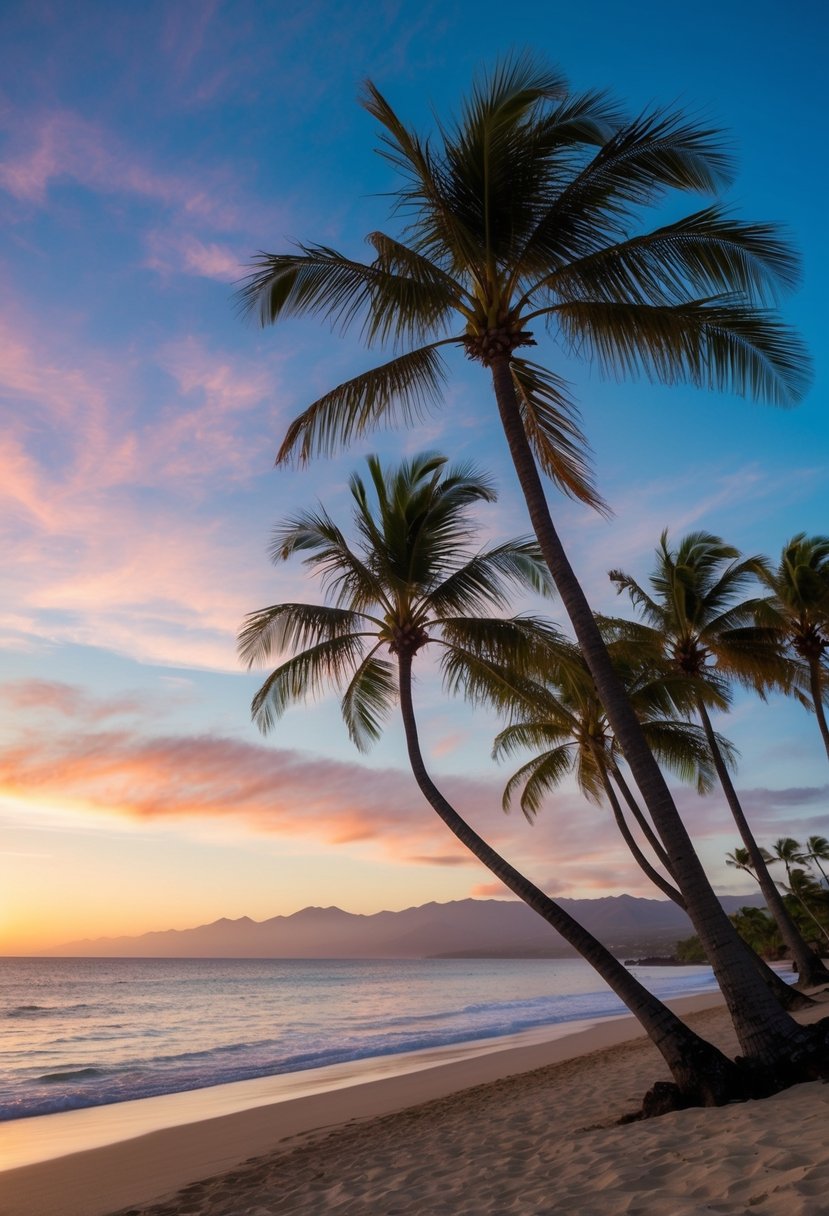 A breathtaking sunset over the pristine beaches of Maui, with palm trees swaying gently in the warm summer breeze