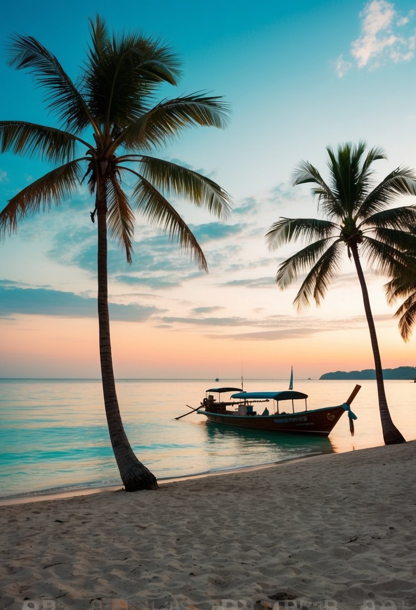 A tranquil beach at sunset with palm trees, turquoise water, and a traditional Thai longtail boat anchored in the distance