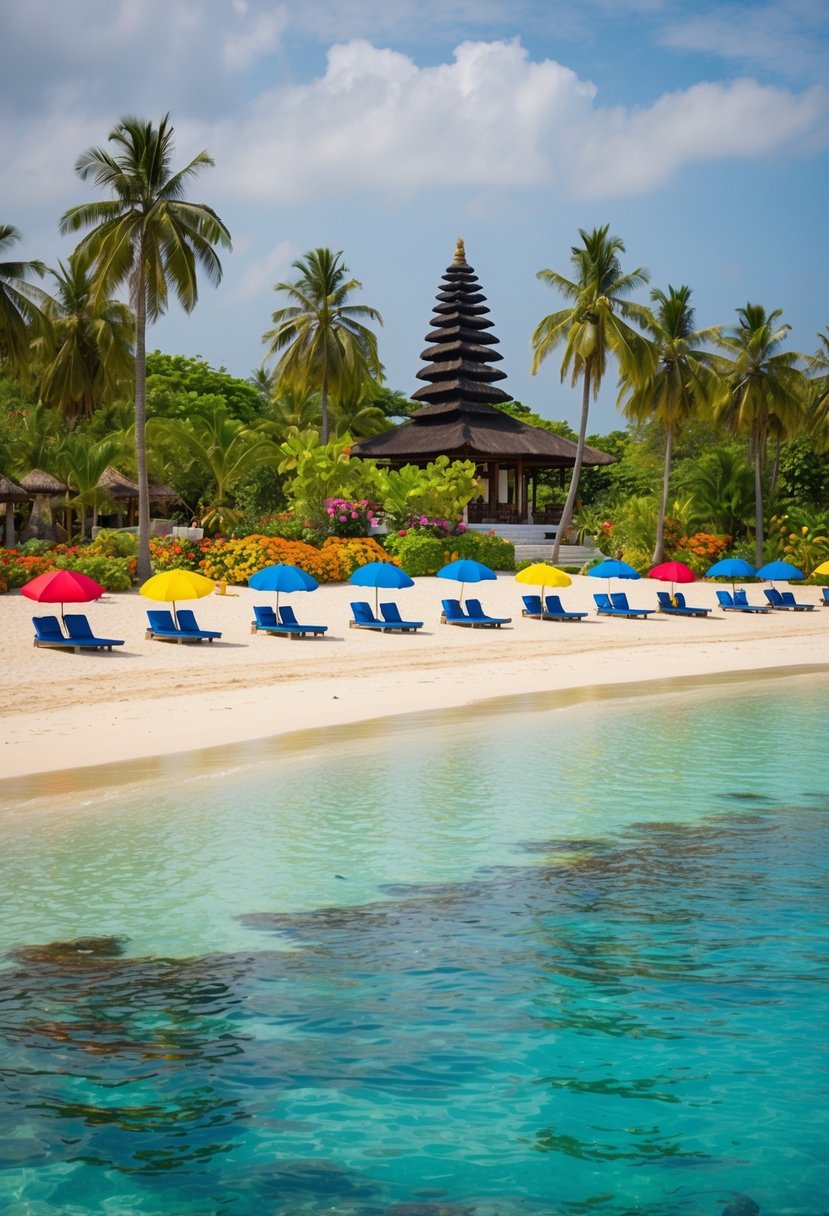 A serene beach with crystal-clear waters, palm trees, and colorful umbrellas dotting the shore. A traditional Balinese temple overlooks the scene, surrounded by lush greenery and vibrant flowers