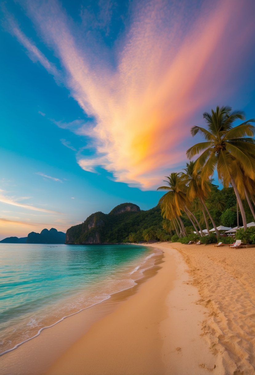 A tranquil, palm-fringed beach with crystal-clear waters and golden sand, nestled beneath a vibrant, colorful sky at Phuket's Patong Beach