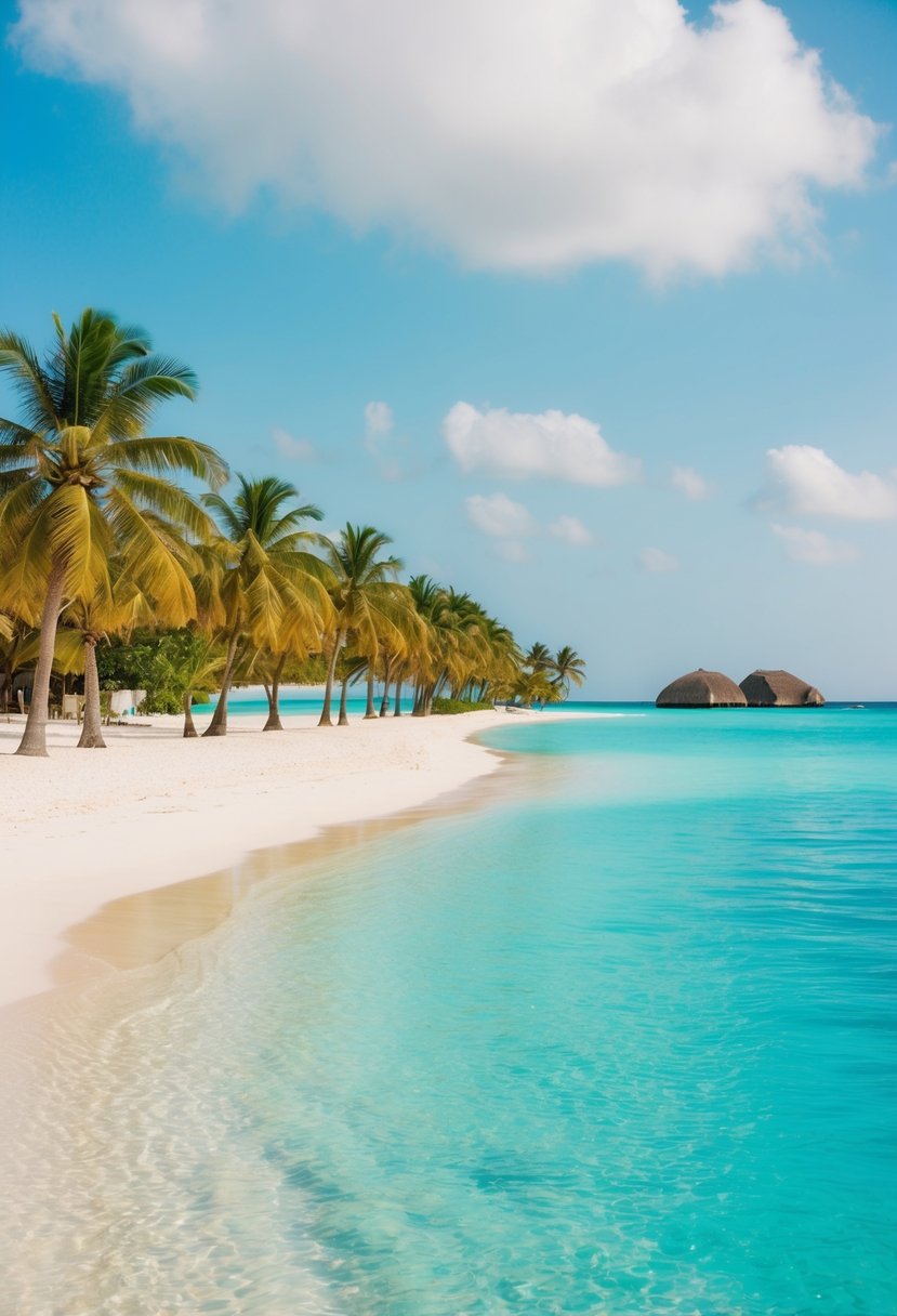 A serene beach with crystal-clear turquoise waters and palm trees lining the shore, with a couple of small islands in the distance