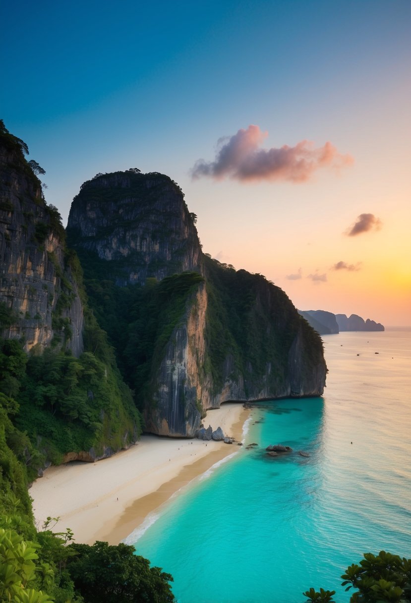 Sunset over the limestone cliffs of Railay Beach, with clear turquoise waters and lush greenery