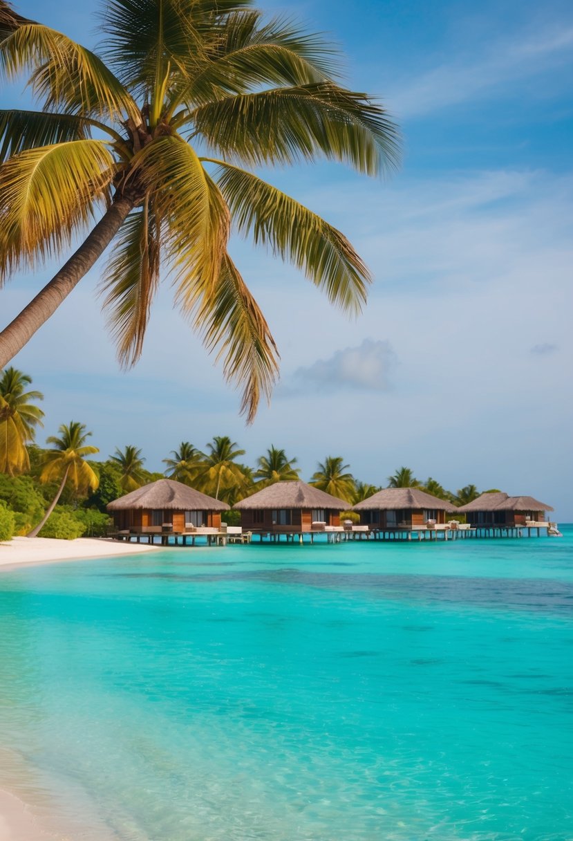 A serene beach with crystal-clear turquoise waters, palm trees swaying in the gentle breeze, and luxurious overwater bungalows dotting the horizon