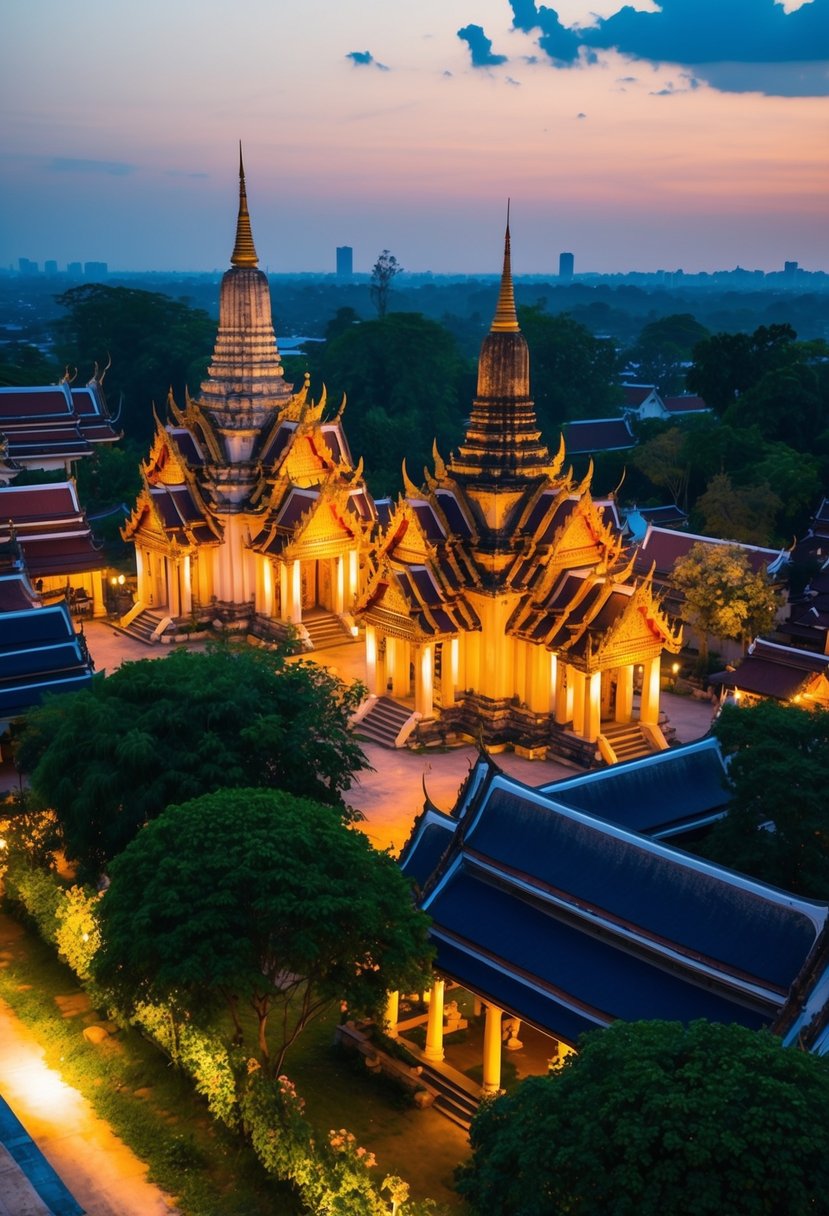 A serene evening in Chiang Mai's Old City, with ancient temples glowing in the warm sunset light, surrounded by lush greenery and traditional Thai architecture
