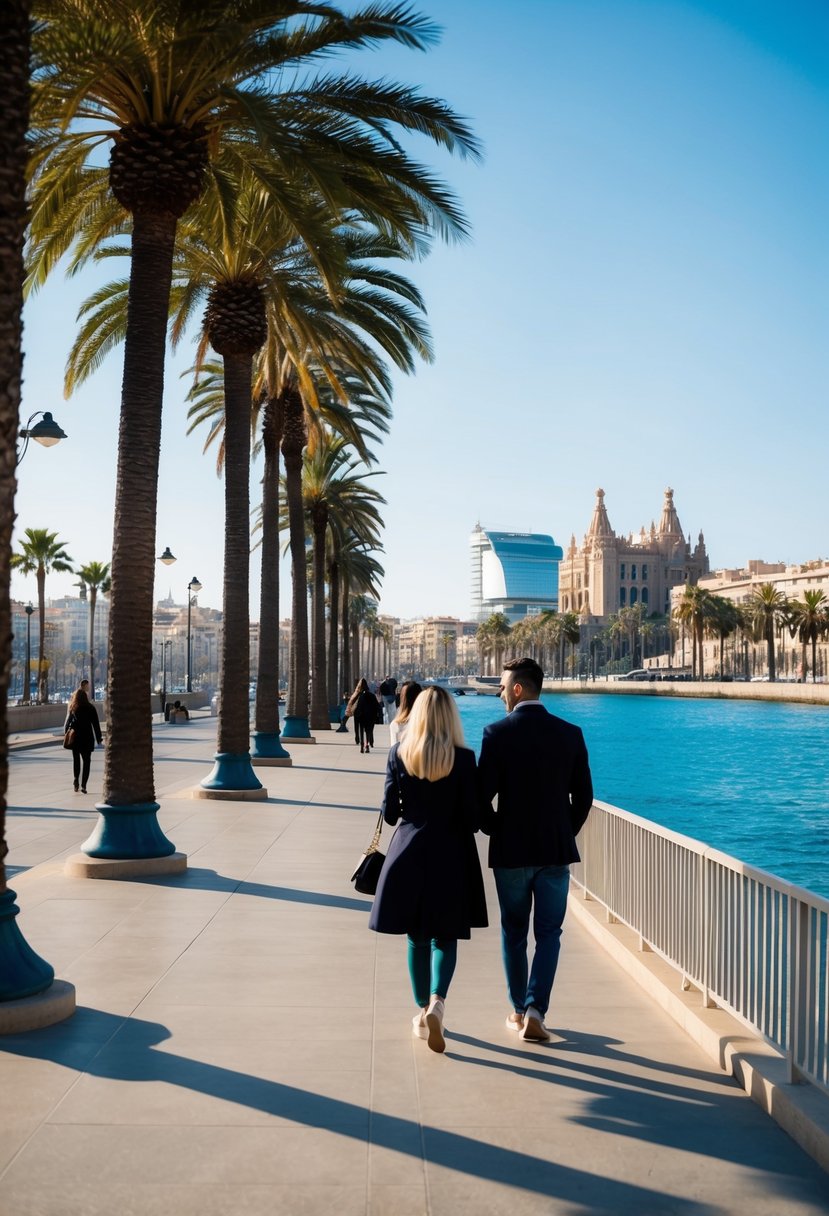 A couple strolls along a sunlit promenade overlooking the turquoise waters of Barcelona. Palm trees sway in the gentle breeze, and the iconic architecture of the city provides a picturesque backdrop